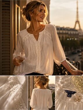 Apt. 9 Ivory Lace-Trim Peasant Blouse